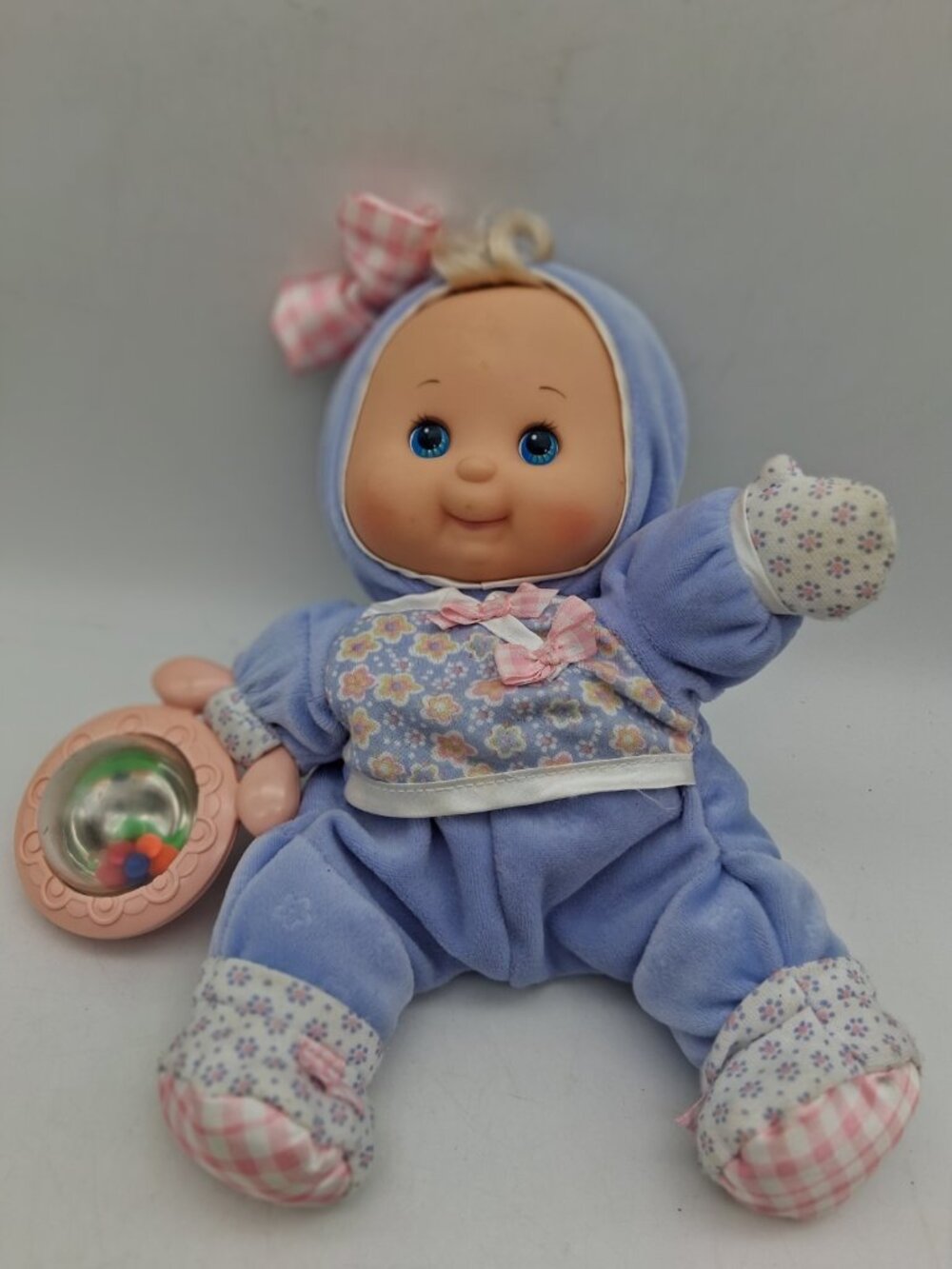 Fisher Price Baby Doll Plush w/Rattle 11" Purple Outfit Vinyl Face 2002 B0577
